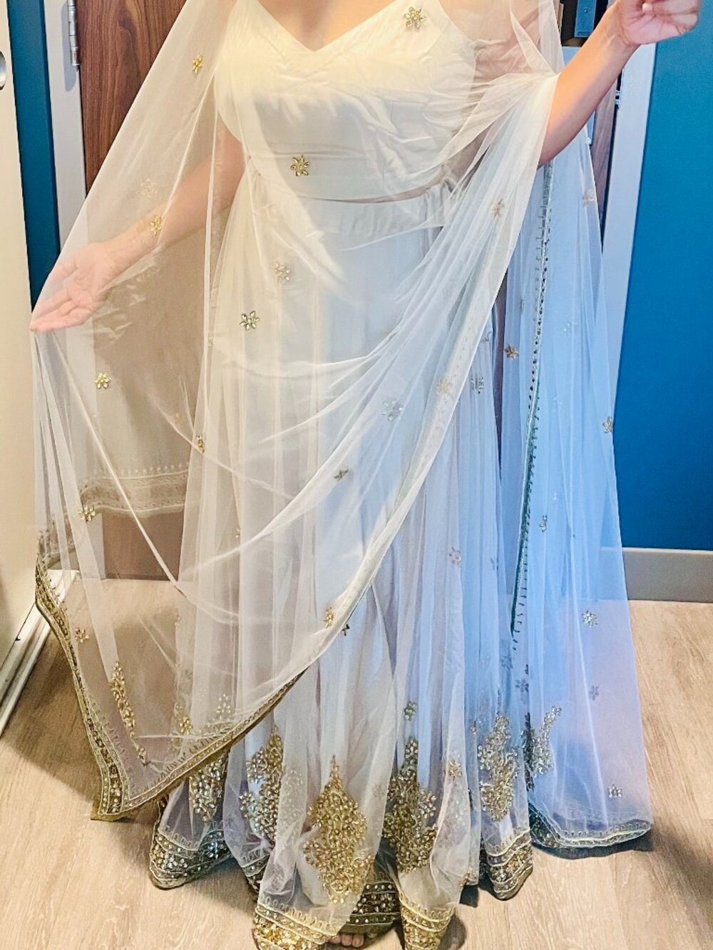 Designer Ivory Backless Net Lehenga Choli Dress Small